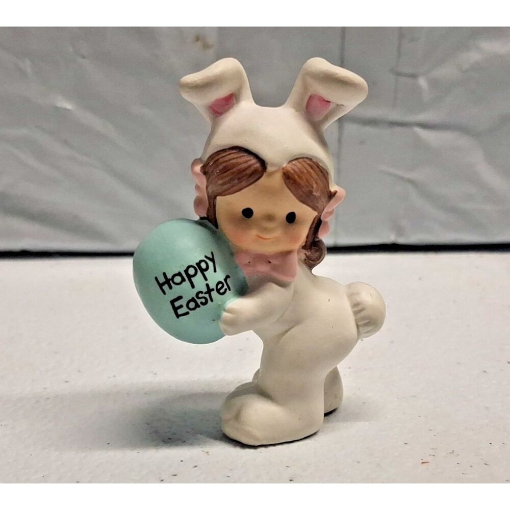 Vintage Enesco Miniature Easter Girl Figurine Egg Says Happy Easter